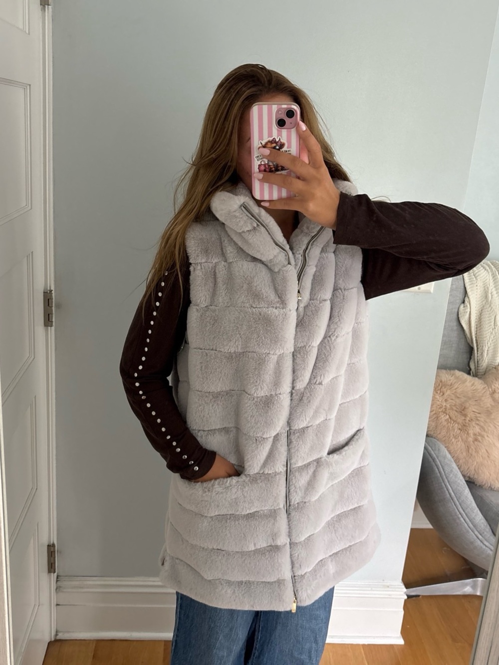 PATTY KIM Light Gray Faux Fur Quilted Vest